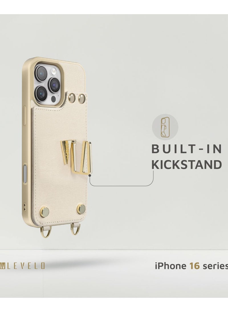 LEVELO iPhone 16 Pro Case Serena Leather Case Cover with Card Compartment and Built-In Kick Stand and Wristband Ring / Impact Resistant Corners / Elegant Back Cover - Beige  - Image 3