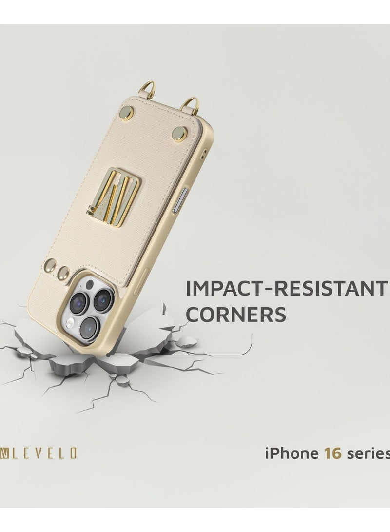LEVELO iPhone 16 Pro Case Serena Leather Case Cover with Card Compartment and Built-In Kick Stand and Wristband Ring / Impact Resistant Corners / Elegant Back Cover - Beige  - Image 5