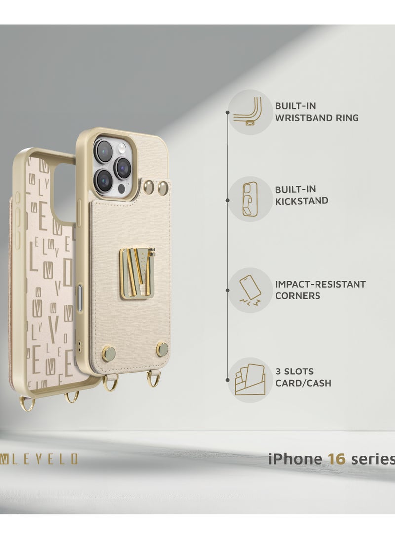 LEVELO iPhone 16 Pro Case Serena Leather Case Cover with Card Compartment and Built-In Kick Stand and Wristband Ring / Impact Resistant Corners / Elegant Back Cover - Beige  - Image 4