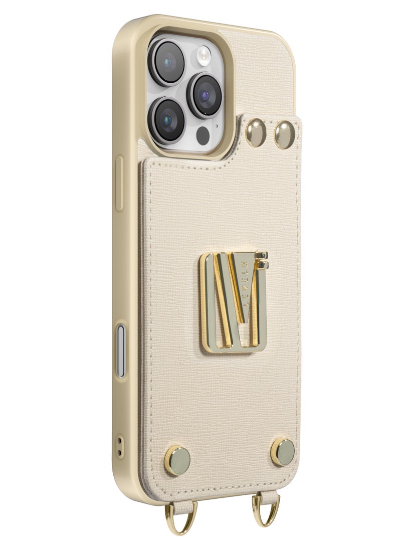 LEVELO iPhone 16 Pro Case Serena Leather Case Cover with Card Compartment and Built-In Kick Stand and Wristband Ring / Impact Resistant Corners / Elegant Back Cover - Beige  - Image 2