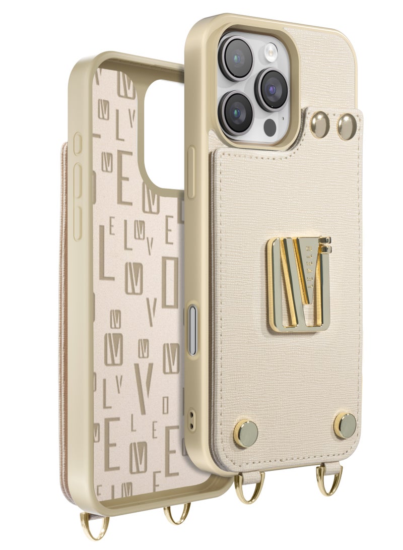 LEVELO iPhone 16 Pro Case Serena Leather Case Cover with Card Compartment and Built-In Kick Stand and Wristband Ring / Impact Resistant Corners / Elegant Back Cover - Beige  - Image 1