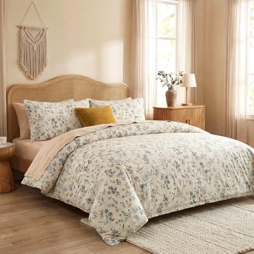 Cozaline Floral Comforter Set Queen Size Green Floral Bedding Set 3 Pieces 100% Cotton Farmhouse Botanical Bedding Breathable Soft Reversible Comforter for All Seasons - Image 2