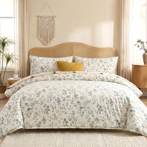 Cozaline Floral Comforter Set Queen Size Green Floral Bedding Set 3 Pieces 100% Cotton Farmhouse Botanical Bedding Breathable Soft Reversible Comforter for All Seasons - Image 3