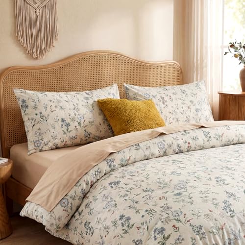 Cozaline Floral Comforter Set Queen Size Green Floral Bedding Set 3 Pieces 100% Cotton Farmhouse Botanical Bedding Breathable Soft Reversible Comforter for All Seasons - Image 4