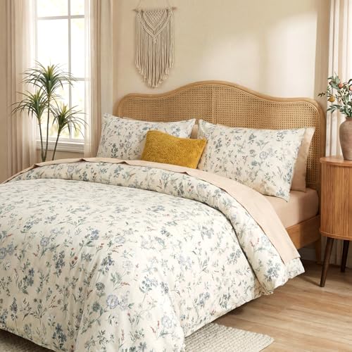 Cozaline Floral Comforter Set Queen Size Green Floral Bedding Set 3 Pieces 100% Cotton Farmhouse Botanical Bedding Breathable Soft Reversible Comforter for All Seasons - Image 5