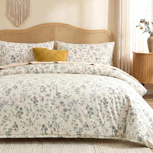 Cozaline Floral Comforter Set Queen Size Green Floral Bedding Set 3 Pieces 100% Cotton Farmhouse Botanical Bedding Breathable Soft Reversible Comforter for All Seasons - Image 1