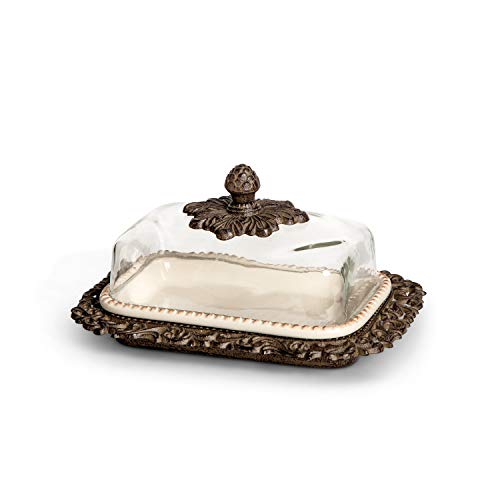GG Collection Cream Ceramic Butter Dish with Metal Work in Acanthus Leaf Design - Image 1
