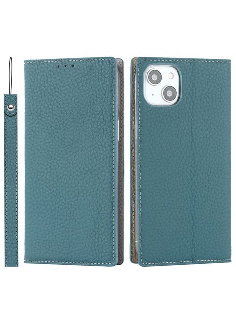 Case Cover For iPhone 14 Plus Litchi Texture Genuine Leather Phone Case Sky Blue