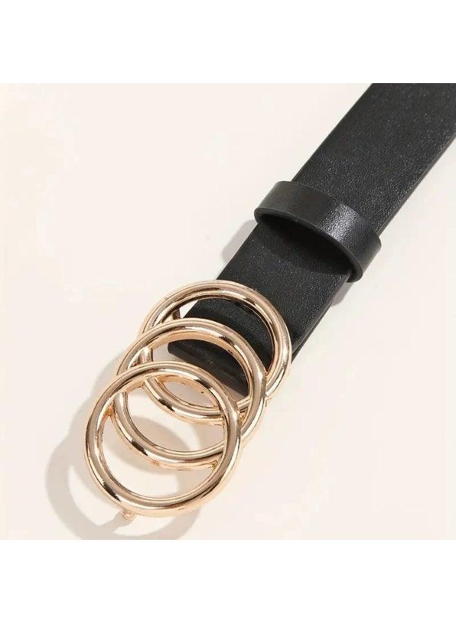 Goolsky Golden Triple Ring Buckle Belts Simple Solid Color PU Leather Waistband Classic Jeans Pants Belt Dress Coat Girdle For Women - Image 4