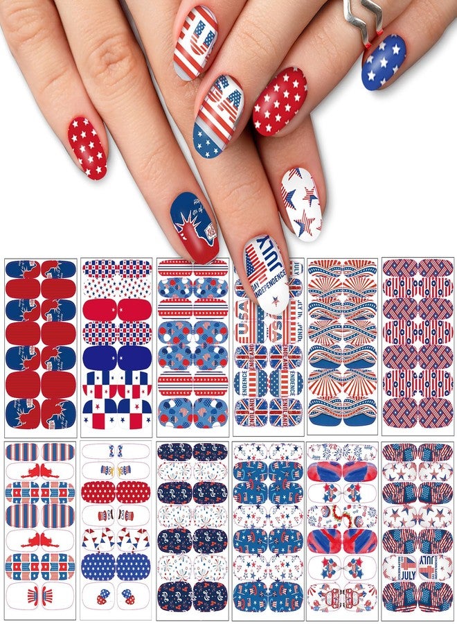 TailaiMei 12 Sheets 4th of July Nail Wraps Stickers, Patriotic Nail Polish Strips Self-Adhesive Full Wraps with 2 pcs Nail Files for Independence Day American Flag DIY Nail Art Design - Image 1