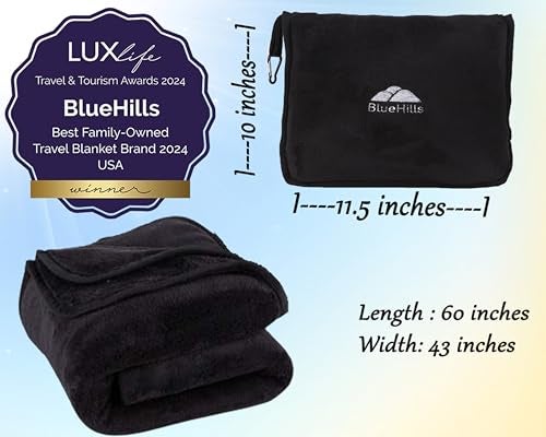 BlueHills Premium Soft Travel Blanket Pillow Airplane Blanket Packed in Soft Bag Pillowcase with Luggage Sleeve Compact Pack Large Traveling Packable Lightweight Gifts Black T008 - Image 5