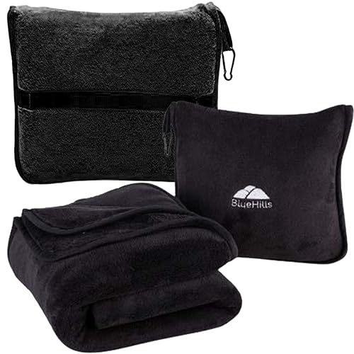 BlueHills Premium Soft Travel Blanket Pillow Airplane Blanket Packed in Soft Bag Pillowcase with Luggage Sleeve Compact Pack Large Traveling Packable Lightweight Gifts Black T008 - Image 1
