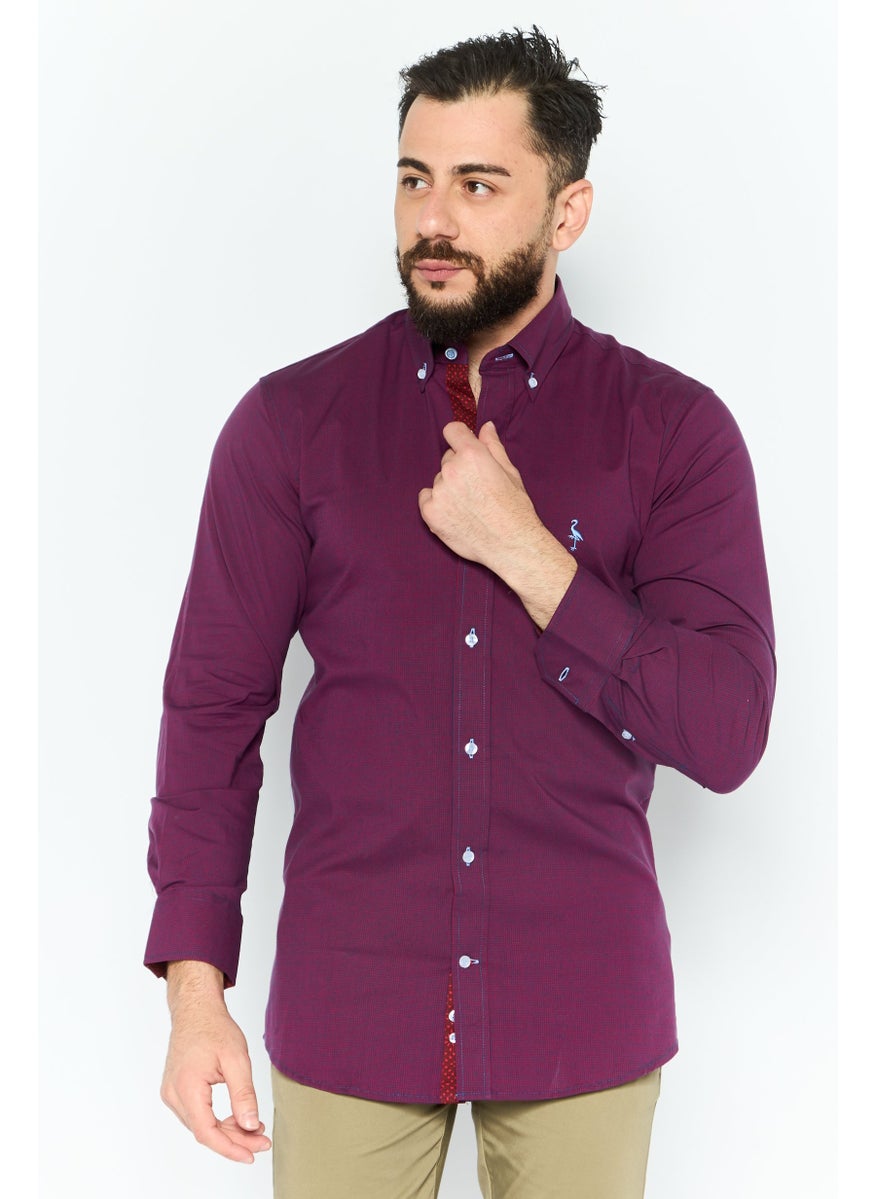 Tailorbyrd Men Regular Fit Micro Checkered Long Sleeves Casual Shirt, Burgundy  - Image 1