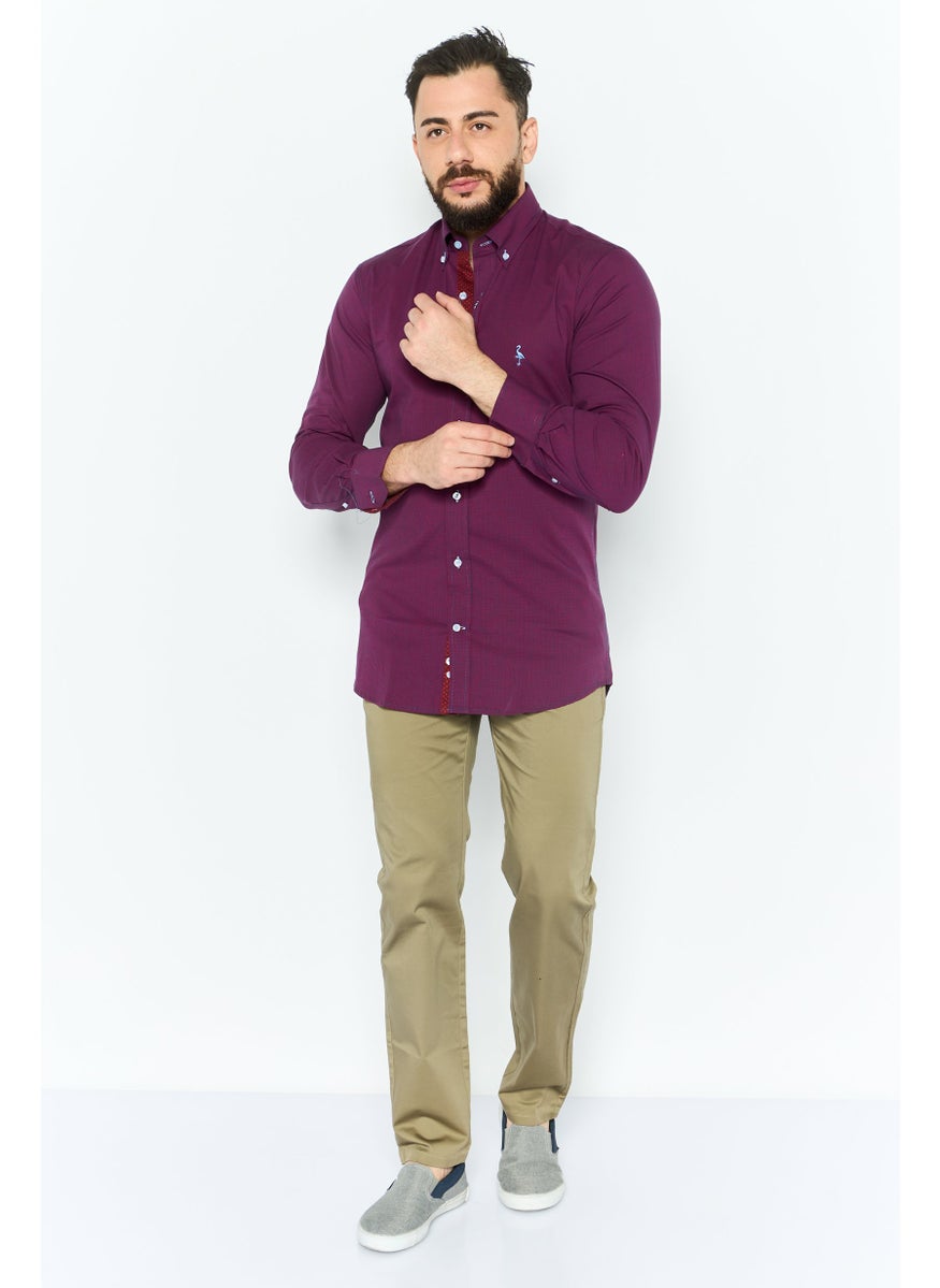 Tailorbyrd Men Regular Fit Micro Checkered Long Sleeves Casual Shirt, Burgundy  - Image 2