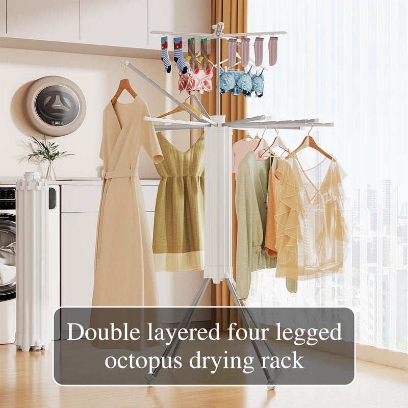 JOOM 4 Legs Double Layer Clothes Drying Rack, Garment Rack Portable and Foldable Space Saving Laundry Drying Rack - Drying Rack Clothing Floor Folding Balcony Bedroom Household Aluminum - Image 2