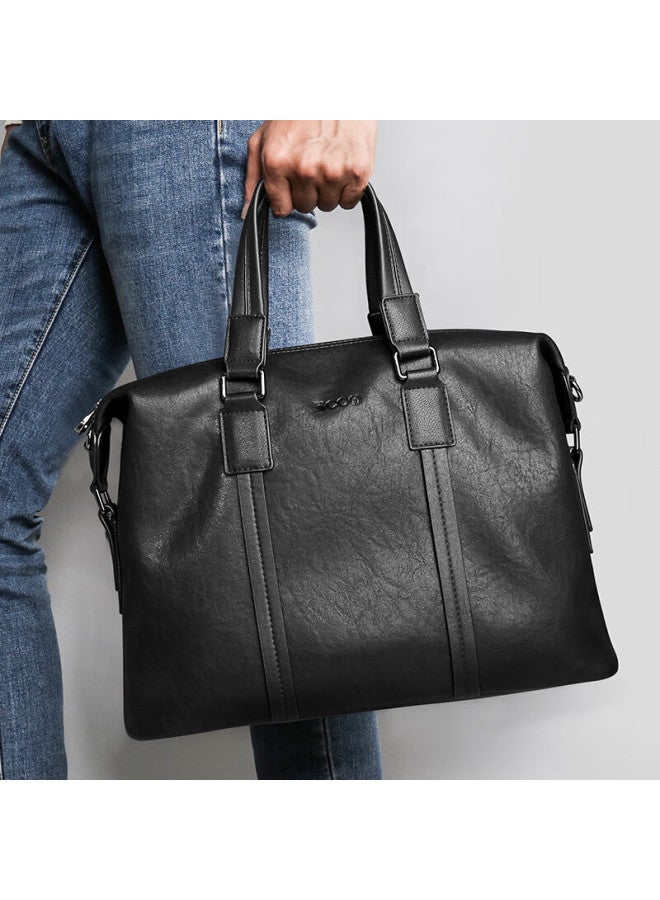 Cow Men's Briefcase Handbag Horizontal Business Casual Bag Men's Bag Laptop Bag C-9888 Black 14 Inch - Image 1