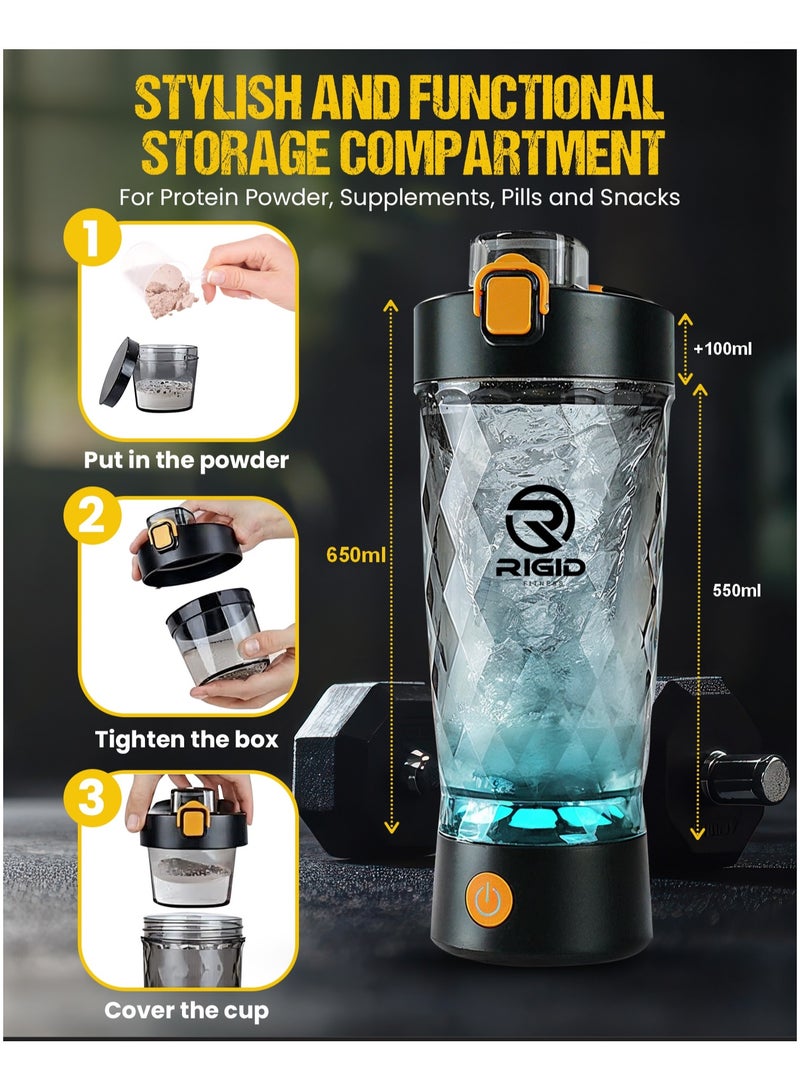 ريجيد فيتنس خلاط بروتين كهربائي، قابل للشحن عبر ال USB، كوب خلط مع حجرة مسحوق زجاجة محمولة، شيكر  خلط سريع من مادة التريتان الخالية من مادة بيسفينول أ، مثالي لمشروبات البروتين و الصحة، 650مل - Image 4