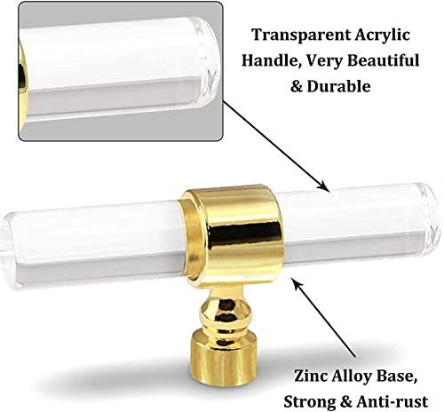 Cionyce 6 Pack Acrylic Cabinet Knobs Brushed Gold Drawers Knobs, Clear Single Hole T Bar Cabinet Pulls for Dresser Drawers Kitchen Cabinet, 3.15" Overall Length - Image 3