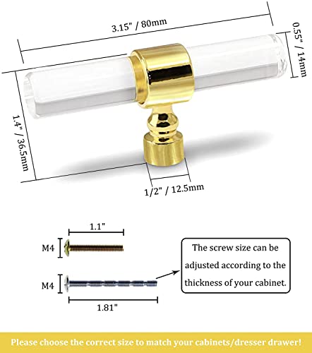 Cionyce 6 Pack Acrylic Cabinet Knobs Brushed Gold Drawers Knobs, Clear Single Hole T Bar Cabinet Pulls for Dresser Drawers Kitchen Cabinet, 3.15" Overall Length - Image 2