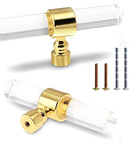 Cionyce 6 Pack Acrylic Cabinet Knobs Brushed Gold Drawers Knobs, Clear Single Hole T Bar Cabinet Pulls for Dresser Drawers Kitchen Cabinet, 3.15" Overall Length - Image 1