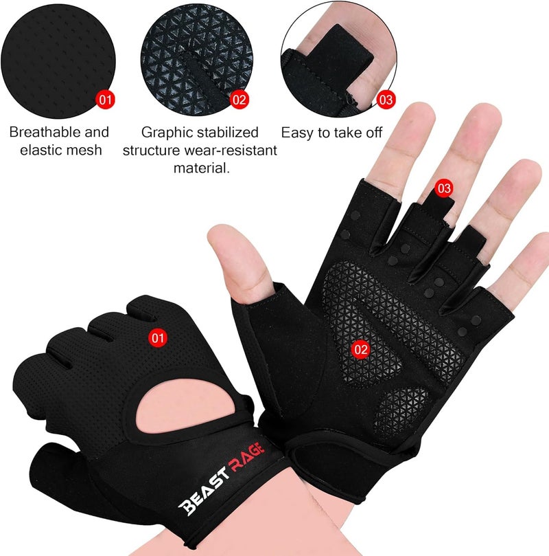 BEAST RAGE Workout Gloves for Men Gym Gloves for Weightlifting Women Fingerless with Palm Protection Padding, Breathable and Lightweight Weight Lifting Glove Cycling Pull Up (Black, M) - Image 2