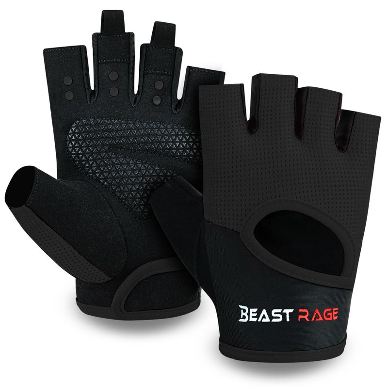 BEAST RAGE Workout Gloves for Men Gym Gloves for Weightlifting Women Fingerless with Palm Protection Padding, Breathable and Lightweight Weight Lifting Glove Cycling Pull Up (Black, M) - Image 1