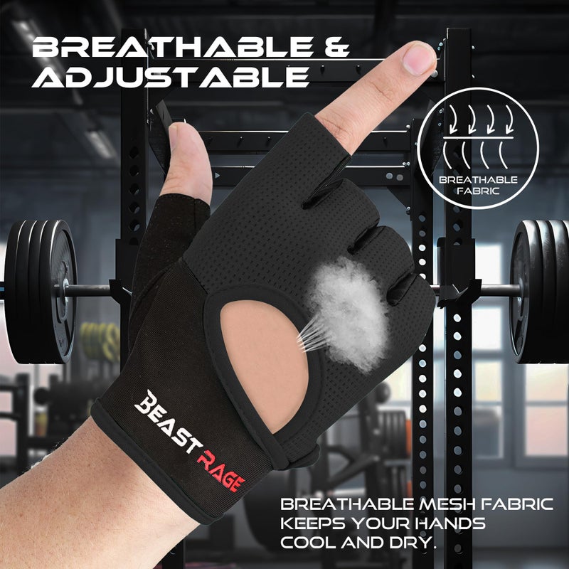 BEAST RAGE Workout Gloves for Men Gym Gloves for Weightlifting Women Fingerless with Palm Protection Padding, Breathable and Lightweight Weight Lifting Glove Cycling Pull Up (Black, M) - Image 4