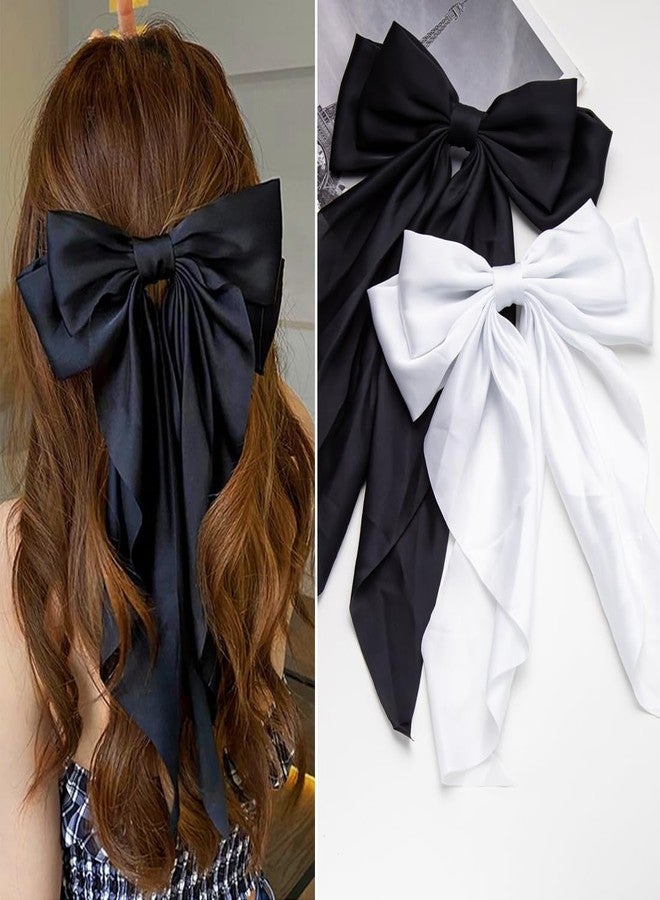CHIROGRAPHY 2 PCS Large Satin Bow Hair Clip for Women and Girls | Stylish Long Ribbon Hair Accessory for Party, Weddings and Festive Styling | Big Decorative Bow Barrette (Black and White) - Image 1