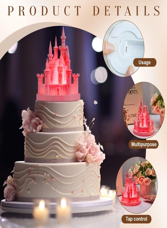 Baquler Castle Cake Topper Figurine Wedding Cake Topper Birthday Castle Night Light USB Rechargeable Princess Night Light for Wedding Birthday Party Decor(Pink) - Image 3