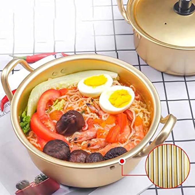 MAKINGTEC 1 Set Korean Cooking Ramen Pot With 1Pair Lid Spoon And Chopsticks Double Handle Korean Ramen Noodle Pot Korean Stockpots 6Inch 16Cm - Image 3