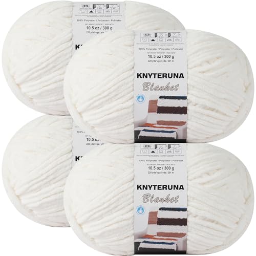 Knyteruna #6 Super Bulky Blanket Yarn for Crocheting - 4 Skeins(Each 10.5oz/300g, 220yds/201m), Chunky Chenille Thick Plush Big Soft Yarn for Crocheting Knitting Blankets, Cream - Image 1