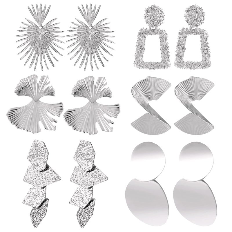 LANCHARMED 6 Pairs Silver Statement Earrings Set for Women Hypoallergenic Big Drop Dangle Earrings Large Silver Geometric Dangle Earring for Jewelry - Image 1