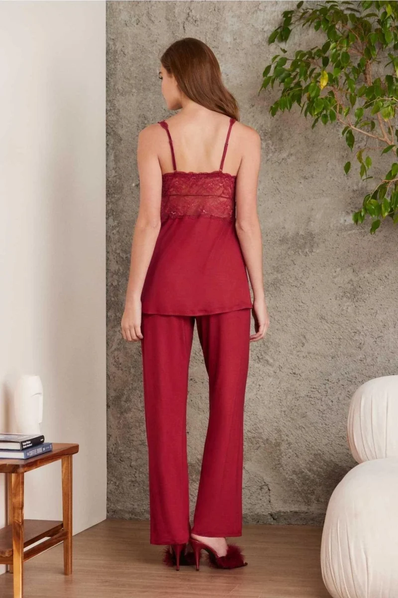 pierre cardin 2810 Women's Burgundy Laced Combed Cotton Dressing Gown Pajama Set
