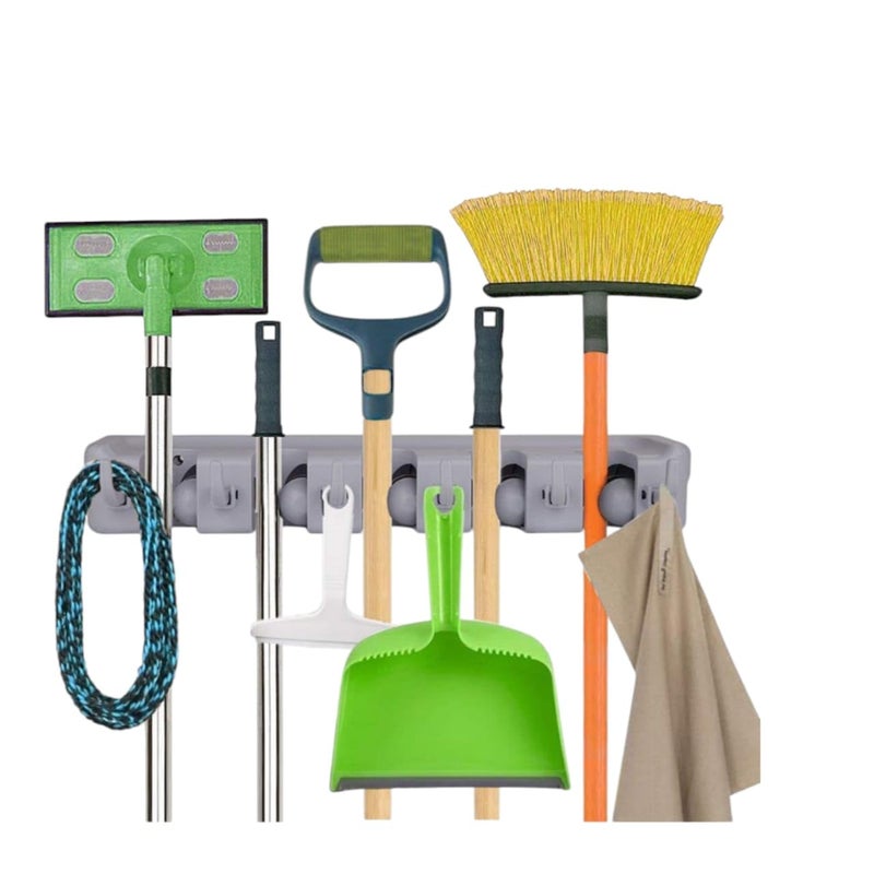 SOLACE HYGIENE Broom Holder Wall Mounted Jhadu Mop and Stick Holder Wall Mount Hanger Stand Storage Organizer Broomstick Brooms Mops Organizers for Home Bathroom Janitor Garage 5 Slot 6hooks - Image 1