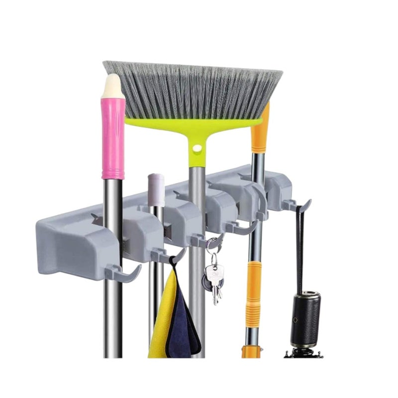 SOLACE HYGIENE Broom Holder Wall Mounted Jhadu Mop and Stick Holder Wall Mount Hanger Stand Storage Organizer Broomstick Brooms Mops Organizers for Home Bathroom Janitor Garage 5 Slot 6hooks - Image 3