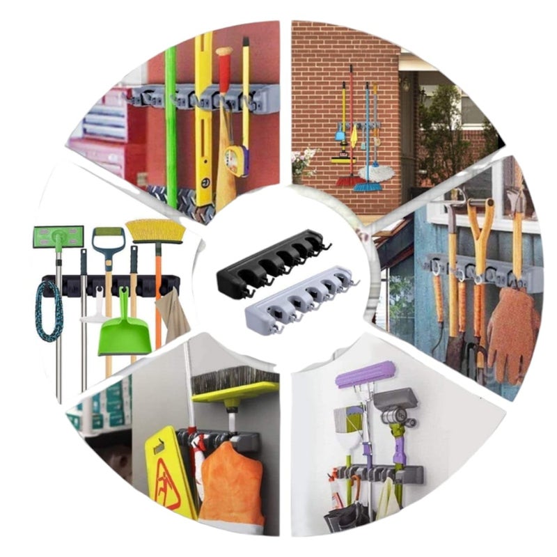 SOLACE HYGIENE Broom Holder Wall Mounted Jhadu Mop and Stick Holder Wall Mount Hanger Stand Storage Organizer Broomstick Brooms Mops Organizers for Home Bathroom Janitor Garage 5 Slot 6hooks - Image 5