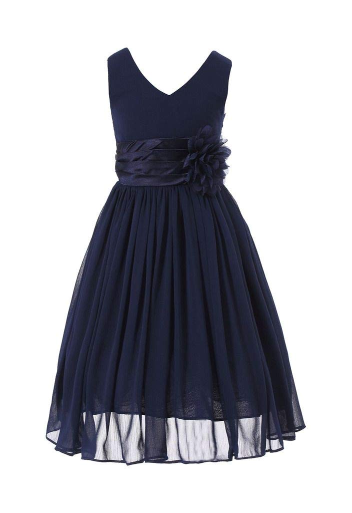 Bow Dream Flower Girl Dress Junior Bridesmaids V-Neckline Chiffon Navy Blue 7 - Image 1