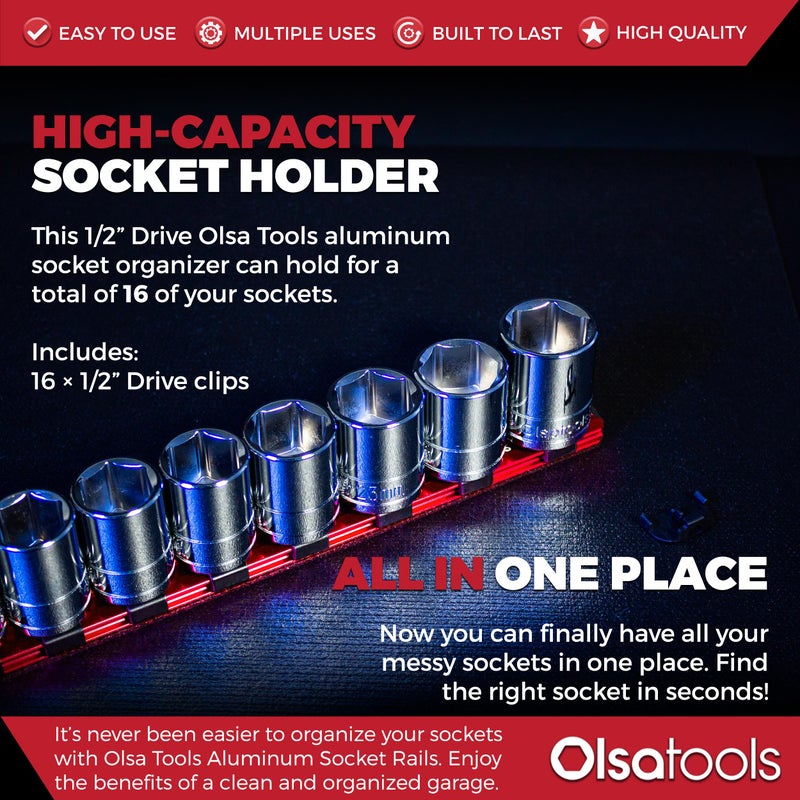 Olsa Tools 12Inch Drive Aluminum Socket Organizer with Locking End Caps Professional Quality Socket Holder RED 1170 - Image 4