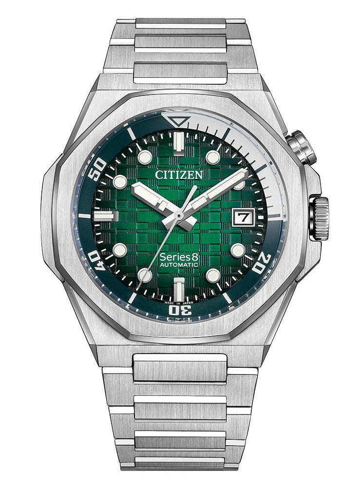CITIZEN Series 8 890 Mechanical Mens Watch NB6060-58X – Octagonal Silver-Tone Stainless Steel Case, Textured Green Dial with Rotating Inner Dive Bezel, 42.6mm, 200M WR, Calibre 9051  - Image 1