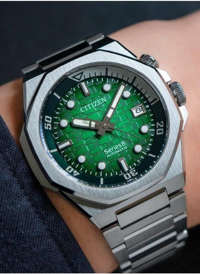 CITIZEN Series 8 890 Mechanical Mens Watch NB6060-58X – Octagonal Silver-Tone Stainless Steel Case, Textured Green Dial with Rotating Inner Dive Bezel, 42.6mm, 200M WR, Calibre 9051  - Image 4
