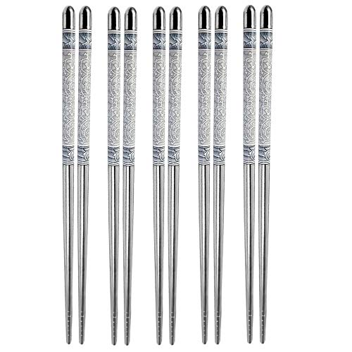 HOUSE HATCH Stainless Steel Chopsticks Set | 5 Pairs of Durable, Non-Slip, Reusable Round Chopsticks | Rust-Resistant Dinnerware for Daily Use - Image 1