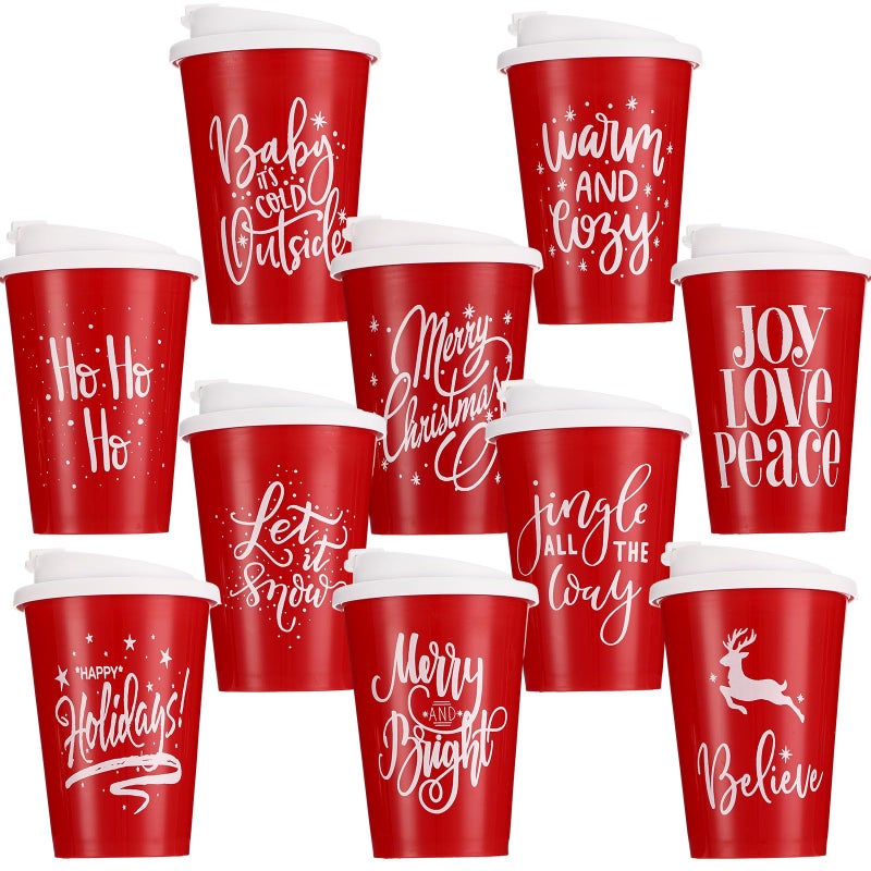 Sliner أكواب قهوة قابلة لإعادة الاستخدام 10 قطع بمناسبة عيد الميلاد مع أغطية سعة 12 أونصة هدايا عيد الميلاد أكواب بلاستيكية مشروبات عيد الميلاد مع ثلوج لزملاء العمل والعائلة حفلات الشتاء باللون الأحمر