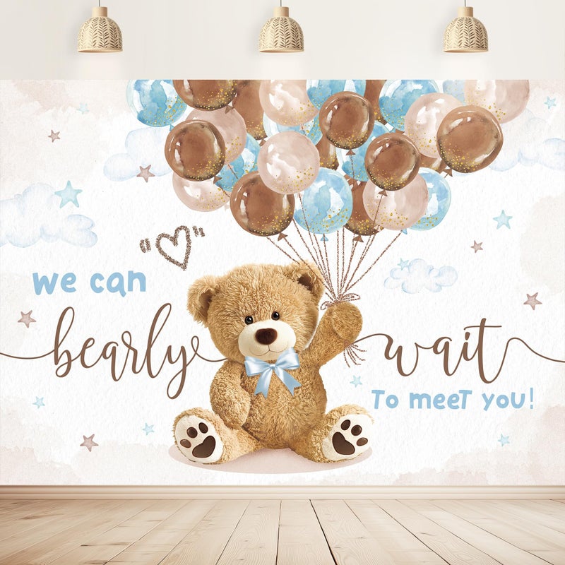 Imirell We Can Bearly Wait Backdrop 7Wx5H Feet, Bear Baby Shower Decorations for Boys, Cute Lovely Cartoon Balloons Baby Shower Party, Bear Photography Backgrounds Newborn Photo Shoot Decor Props - Image 1