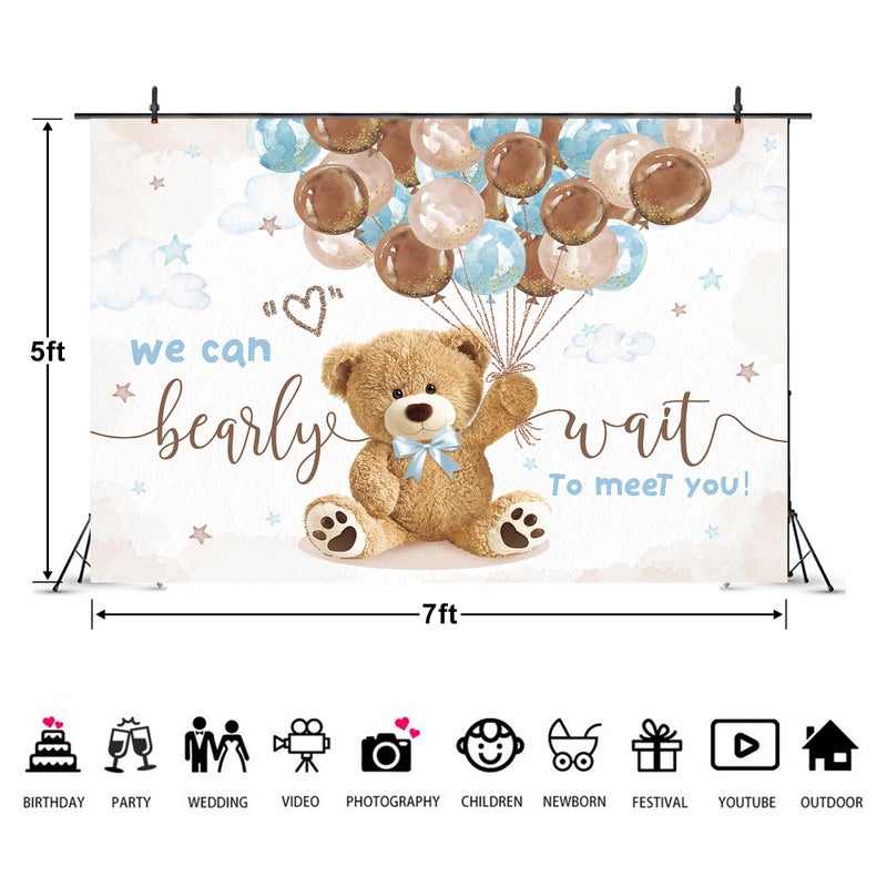 Imirell We Can Bearly Wait Backdrop 7Wx5H Feet, Bear Baby Shower Decorations for Boys, Cute Lovely Cartoon Balloons Baby Shower Party, Bear Photography Backgrounds Newborn Photo Shoot Decor Props - Image 3