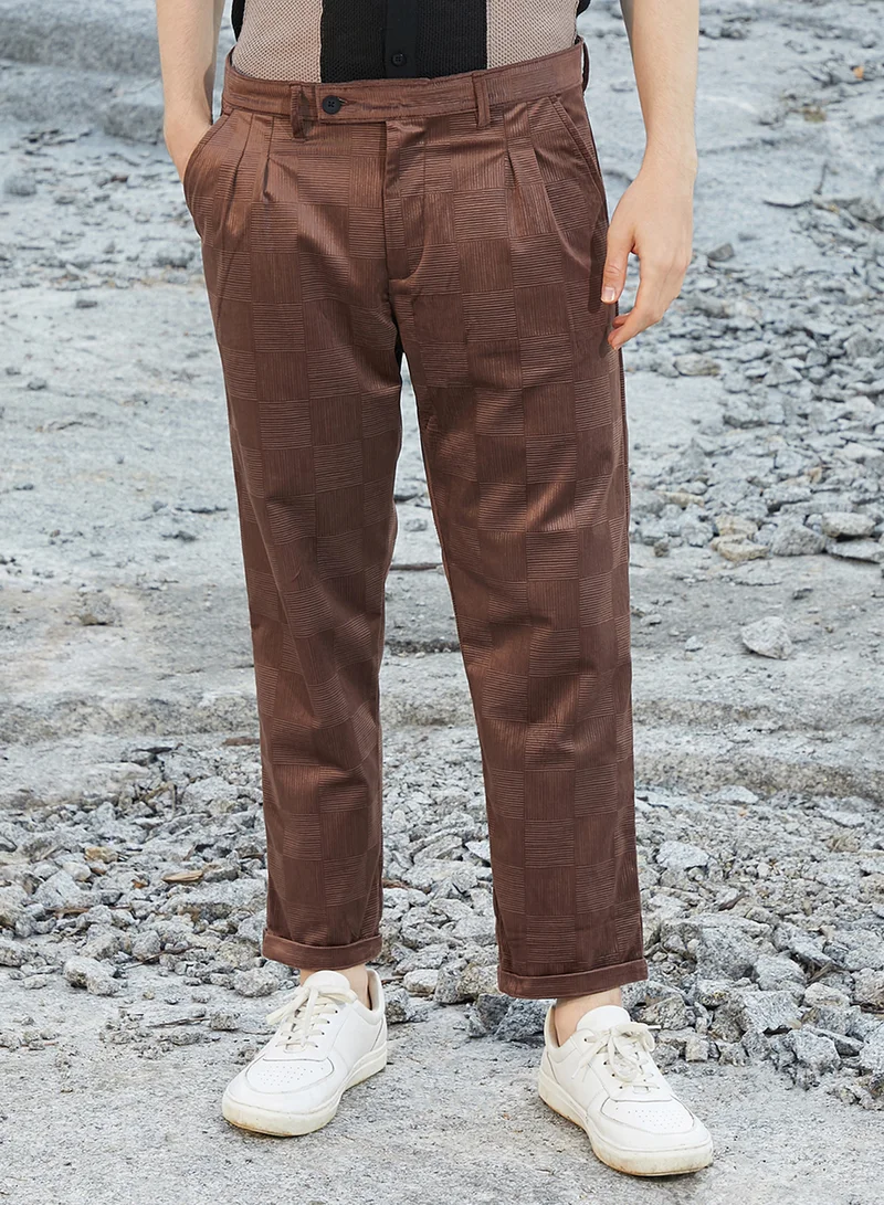 Campus Sutra Men's Sepia Brown Ribbed-Tactile Tailored Trousers