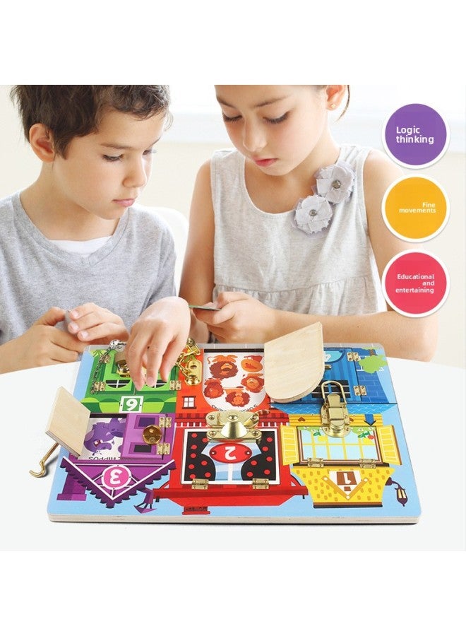 Children's Door Latch Unlock Busy Board House Door Opening Board Baby Early Education Educational Unlocking Busy Board Toy-Color:Bear Ringing Board Busy Block  - Image 4