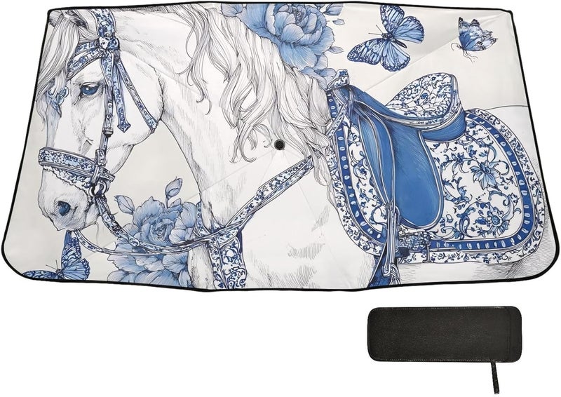 Windshield Sun Shade Umbrella Horse Butterfly Blue – Fashion Design, Protect Car from Sun & Heat Damage, Easy Store, Universal Fit 55” x 27.5” - Image 1