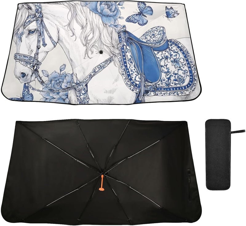 Windshield Sun Shade Umbrella Horse Butterfly Blue – Fashion Design, Protect Car from Sun & Heat Damage, Easy Store, Universal Fit 55” x 27.5” - Image 2
