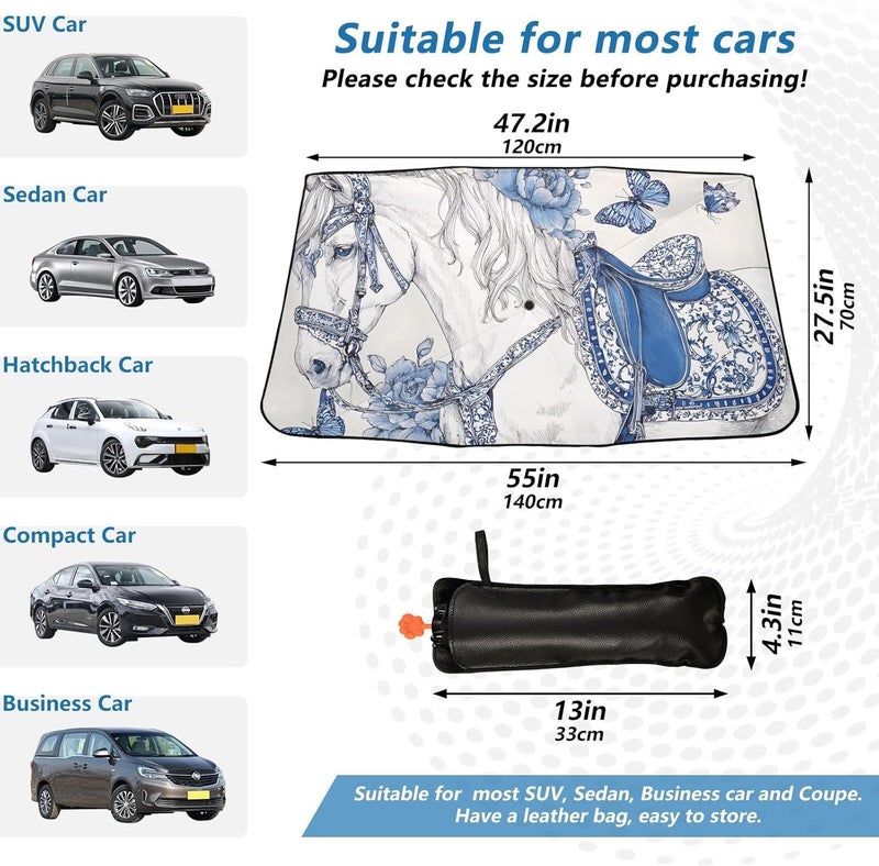 Windshield Sun Shade Umbrella Horse Butterfly Blue – Fashion Design, Protect Car from Sun & Heat Damage, Easy Store, Universal Fit 55” x 27.5” - Image 3