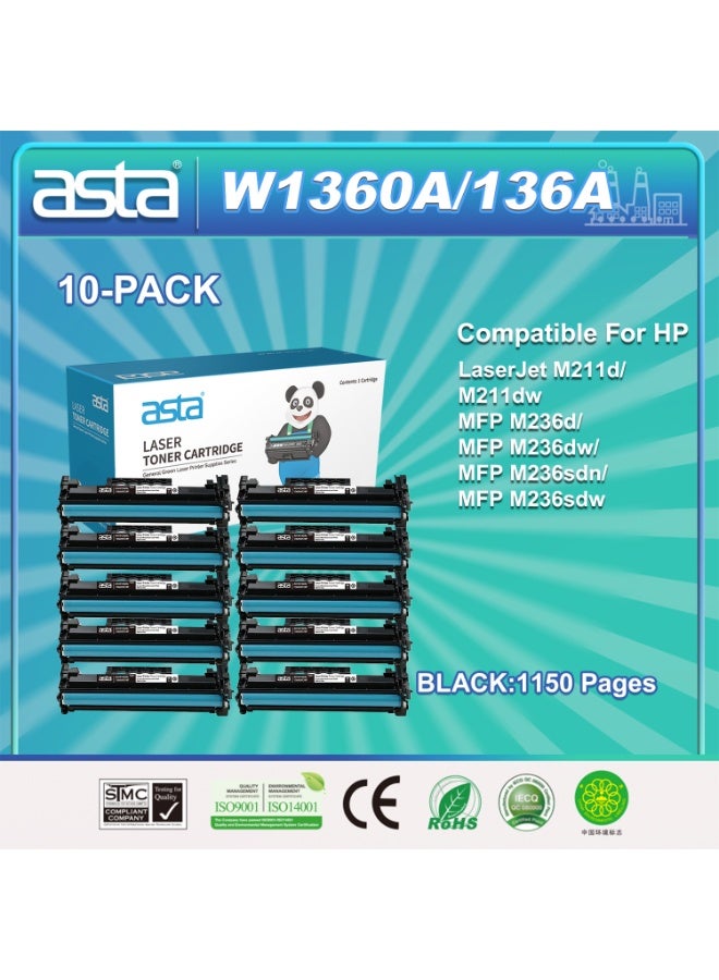 Asta 10-PACK ASTA W1360A 136A  With Chip Black Toner Cartridge Compatible For HP LaserJet M211D M211Dw MFP M236D M236Dw M236Sdn M236Sdw Printer Replacement Office Consumable Premium Quality Printing Stocking Up Buying In Bulk Is More Cost Effective Suitable For Conference Rooms Schools Government Agencies Other Places - Image 1